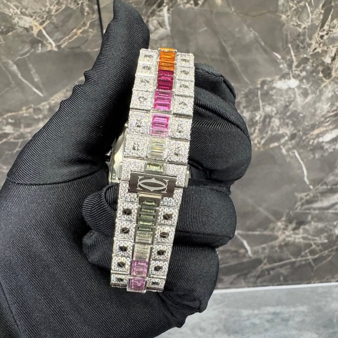 BUSSDOWN CARTIER SANTOS W/RAINBOW GEM BEZEL