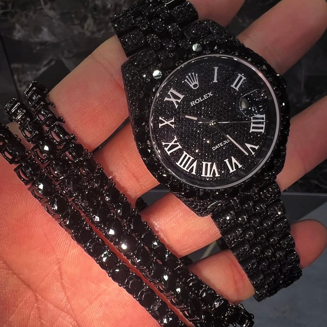 BUSSDOWN ROLEX DATEJUST BLACK PVD COATED BLACK DIAMOND JUBILEE STYLE+ MATCHING TENNIS BRACELET