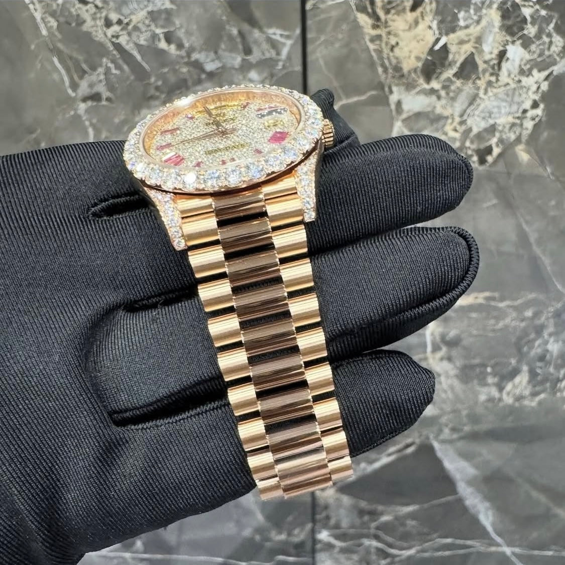 BUSSDOWN ROLEX DAY-DATE ROSE GOLD W/ RUBY HOUR MARKERS