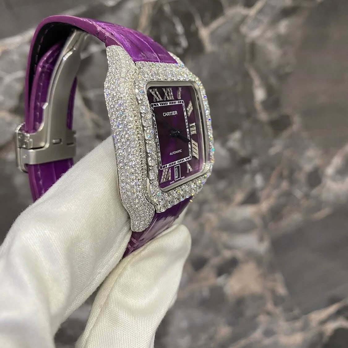 BUSSDOWN CARTIER SANTOS W PURPLE DIAL AND PURPLE CROCODILE STRAP