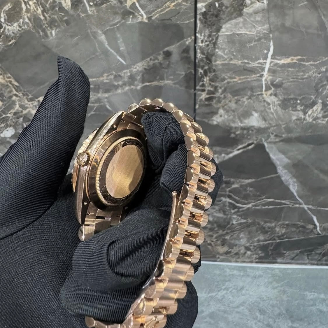 BUSSDOWN ROLEX DAY-DATE ROSE GOLD W/ RUBY HOUR MARKERS