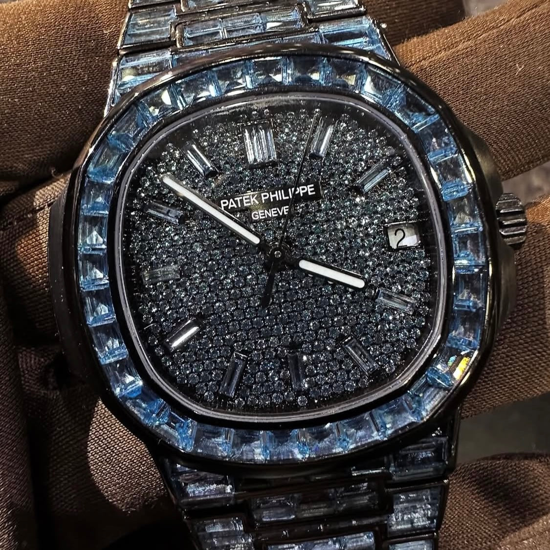 BUSSDOWN PATEK PHILLIPE GENEVE NAUTILUS W/ BLUE BAGUETTE CUT SAPPIRE STONES