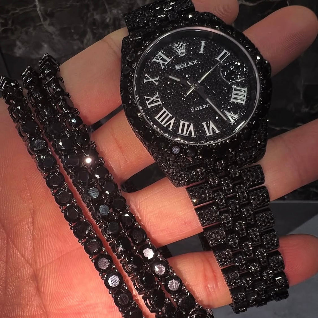 BUSSDOWN ROLEX DATEJUST BLACK PVD COATED BLACK DIAMOND JUBILEE STYLE+ MATCHING TENNIS BRACELET
