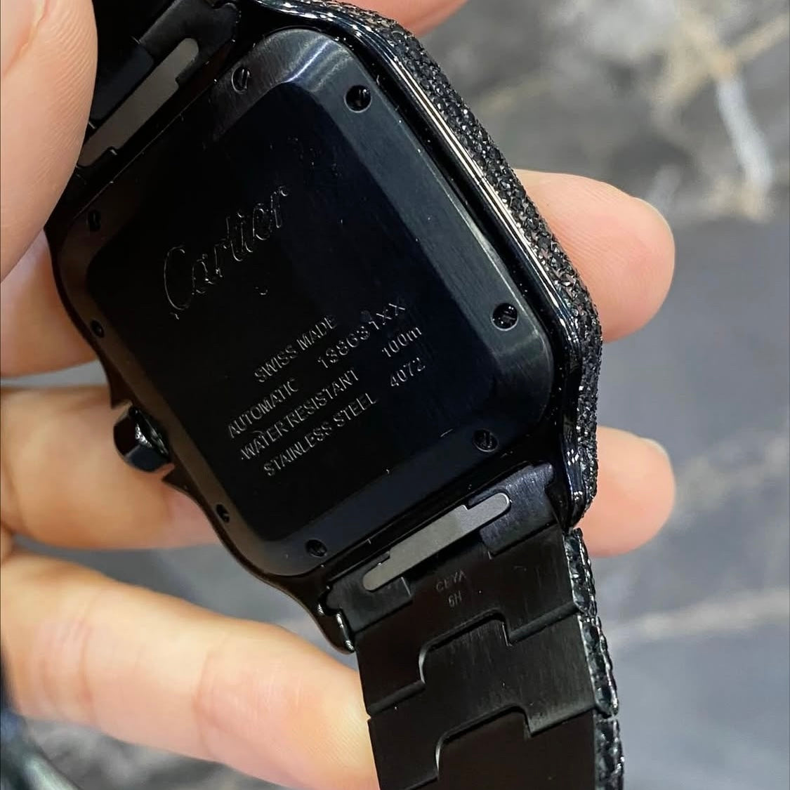BUSSDOWN CARTIER SANTOS W/BLACK PVD CASE BLACK DIAMONDS