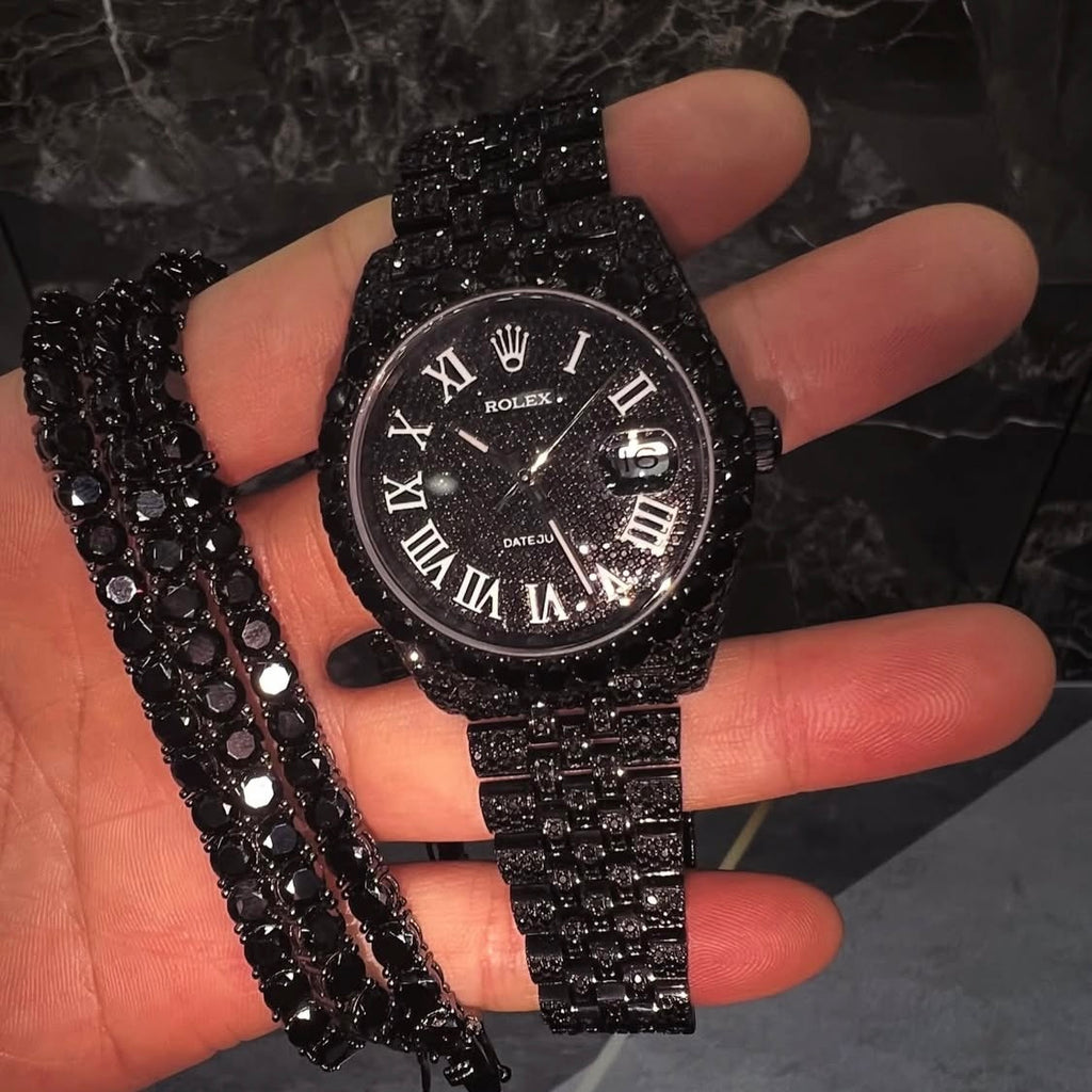 BUSSDOWN ROLEX DATEJUST BLACK PVD COATED BLACK DIAMOND JUBILEE STYLE+ MATCHING TENNIS BRACELET
