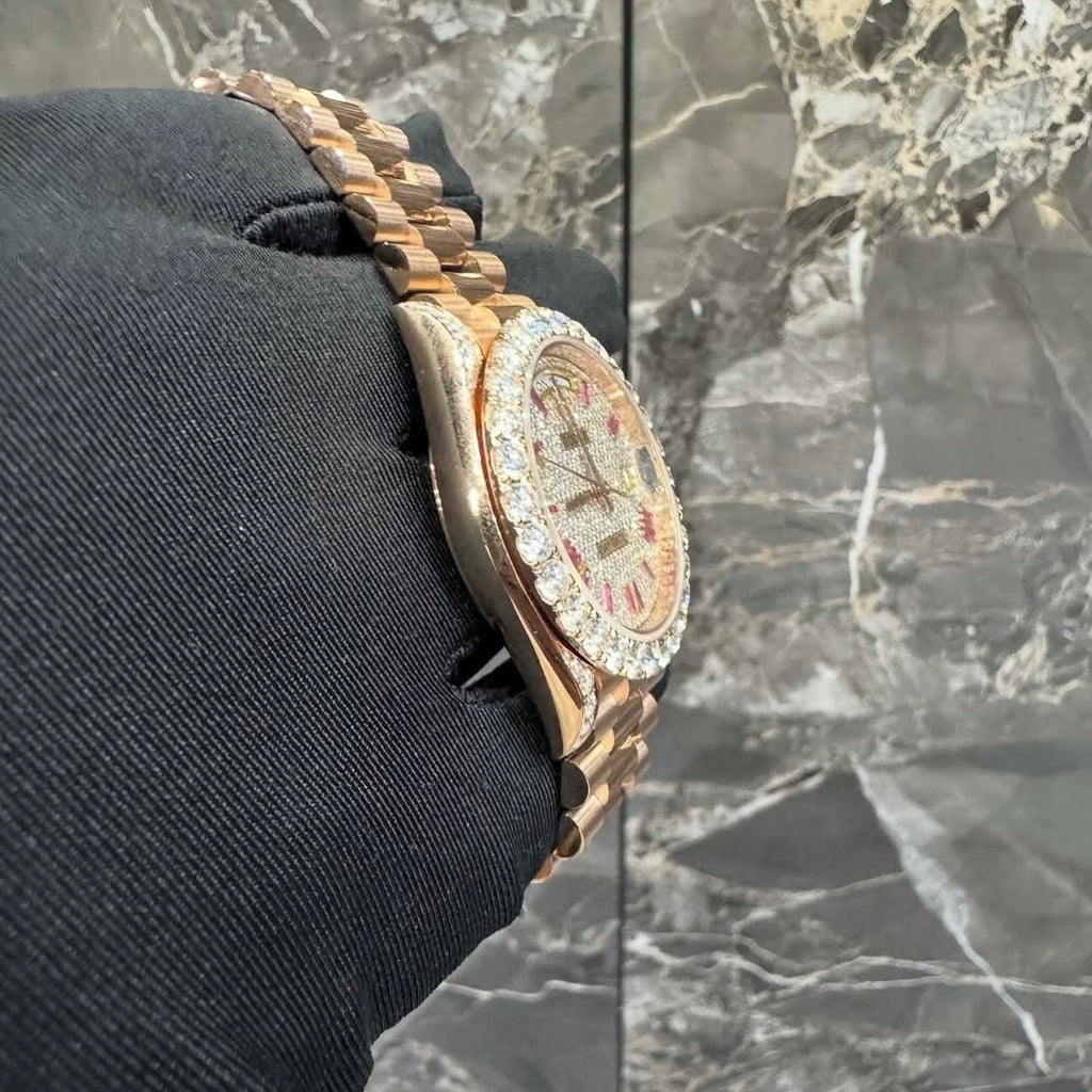 BUSSDOWN ROLEX DAY-DATE ROSE GOLD W/ RUBY HOUR MARKERS