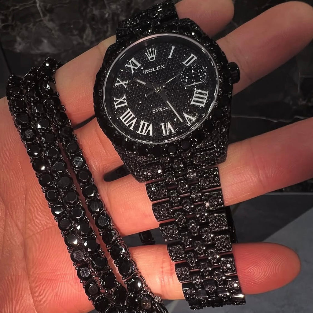 BUSSDOWN ROLEX DATEJUST BLACK PVD COATED BLACK DIAMOND JUBILEE STYLE+ MATCHING TENNIS BRACELET