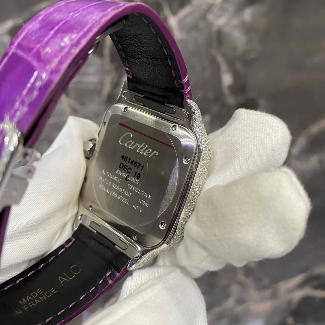 BUSSDOWN CARTIER SANTOS W PURPLE DIAL AND PURPLE CROCODILE STRAP