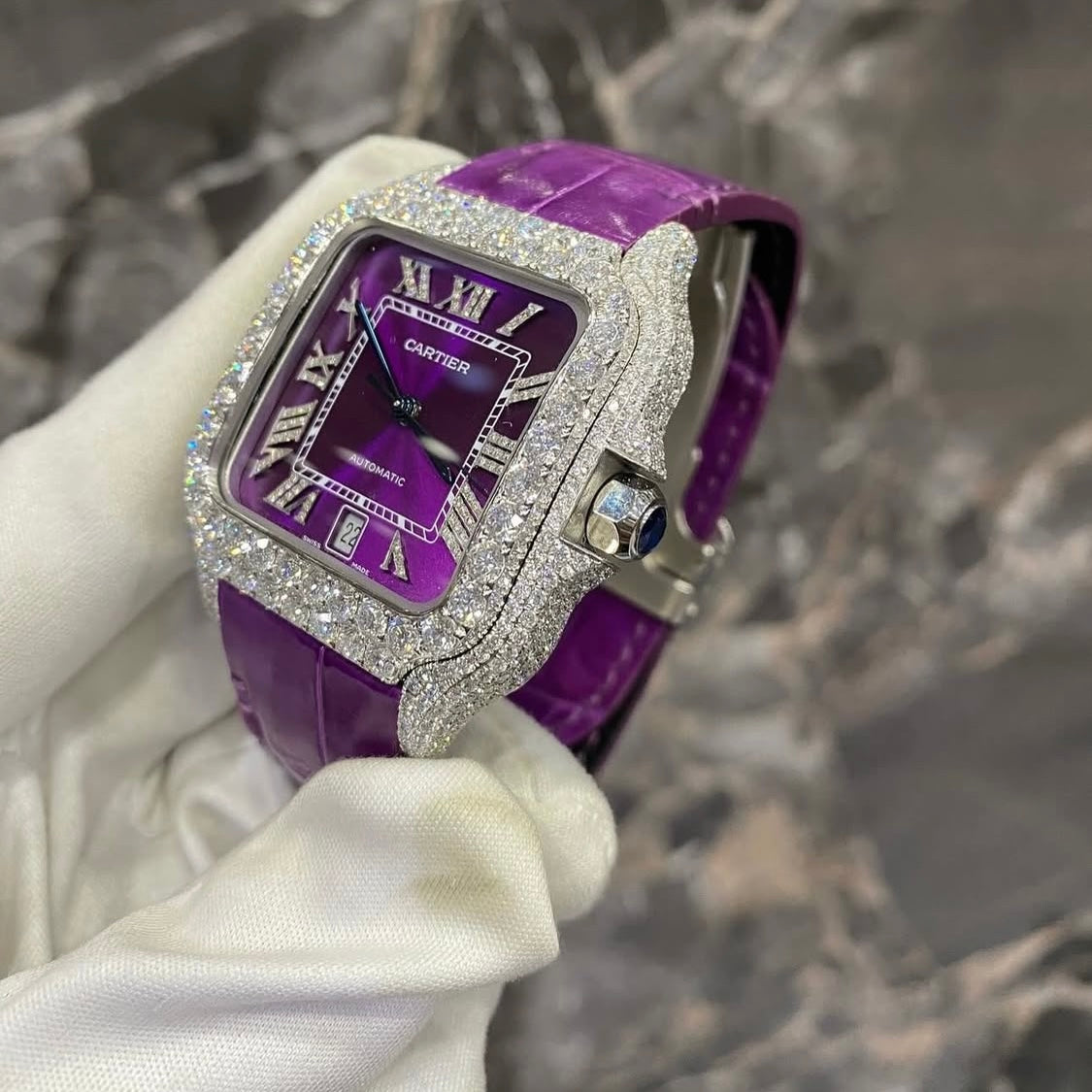 BUSSDOWN CARTIER SANTOS W PURPLE DIAL AND PURPLE CROCODILE STRAP