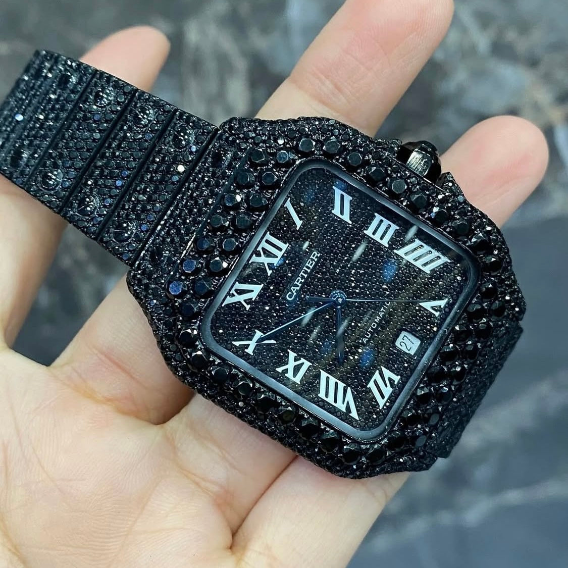 BUSSDOWN CARTIER SANTOS W/BLACK PVD CASE BLACK DIAMONDS