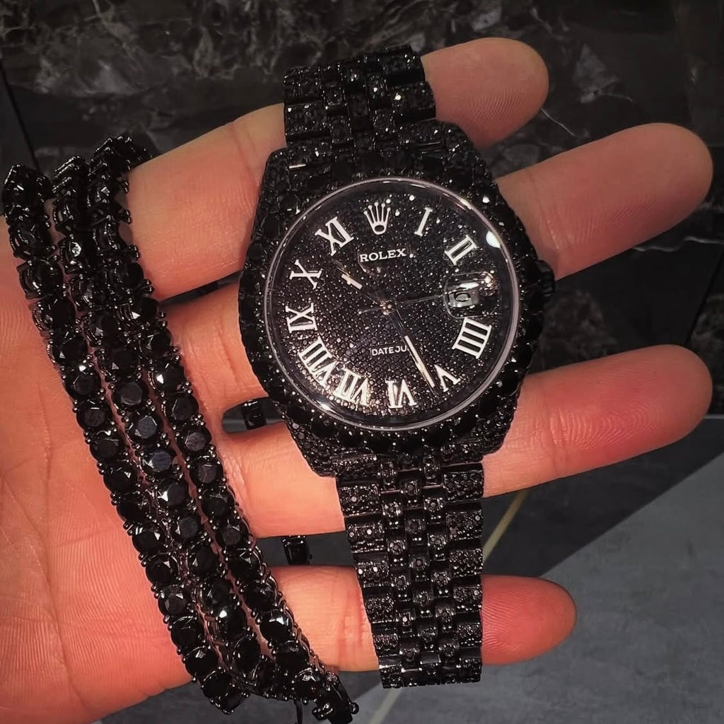 BUSSDOWN ROLEX DATEJUST BLACK PVD COATED BLACK DIAMOND JUBILEE STYLE+ MATCHING TENNIS BRACELET