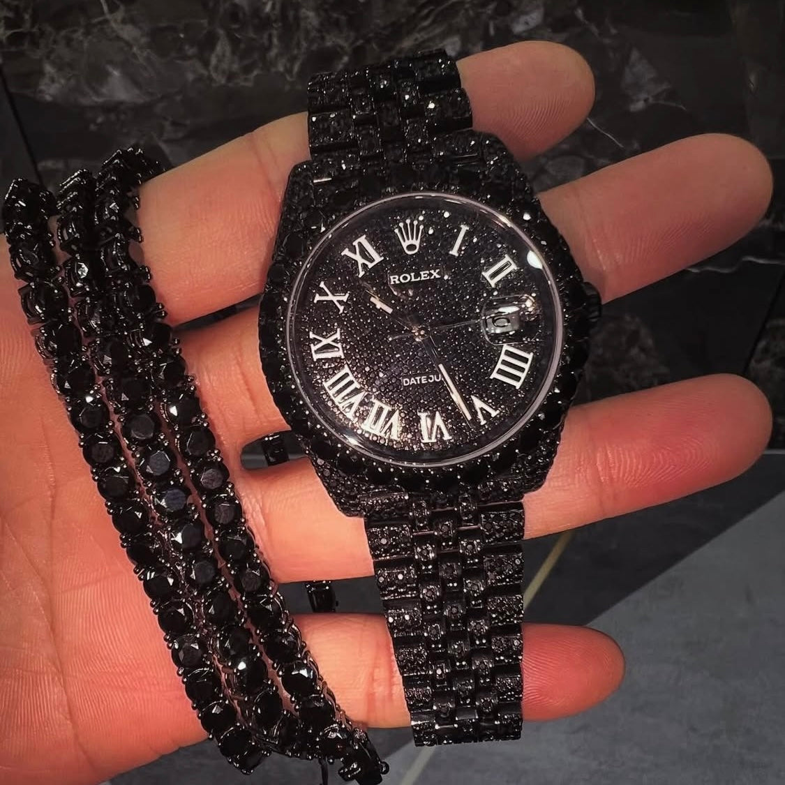 BUSSDOWN ROLEX DATEJUST BLACK PVD COATED BLACK DIAMOND JUBILEE STYLE+ MATCHING TENNIS BRACELET