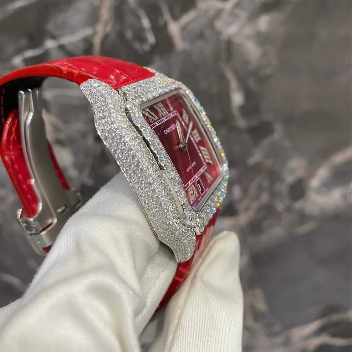 BUSSDOWN CARTIER SANTOS W/ RED DIAL AND RED CROCODILE STRAP