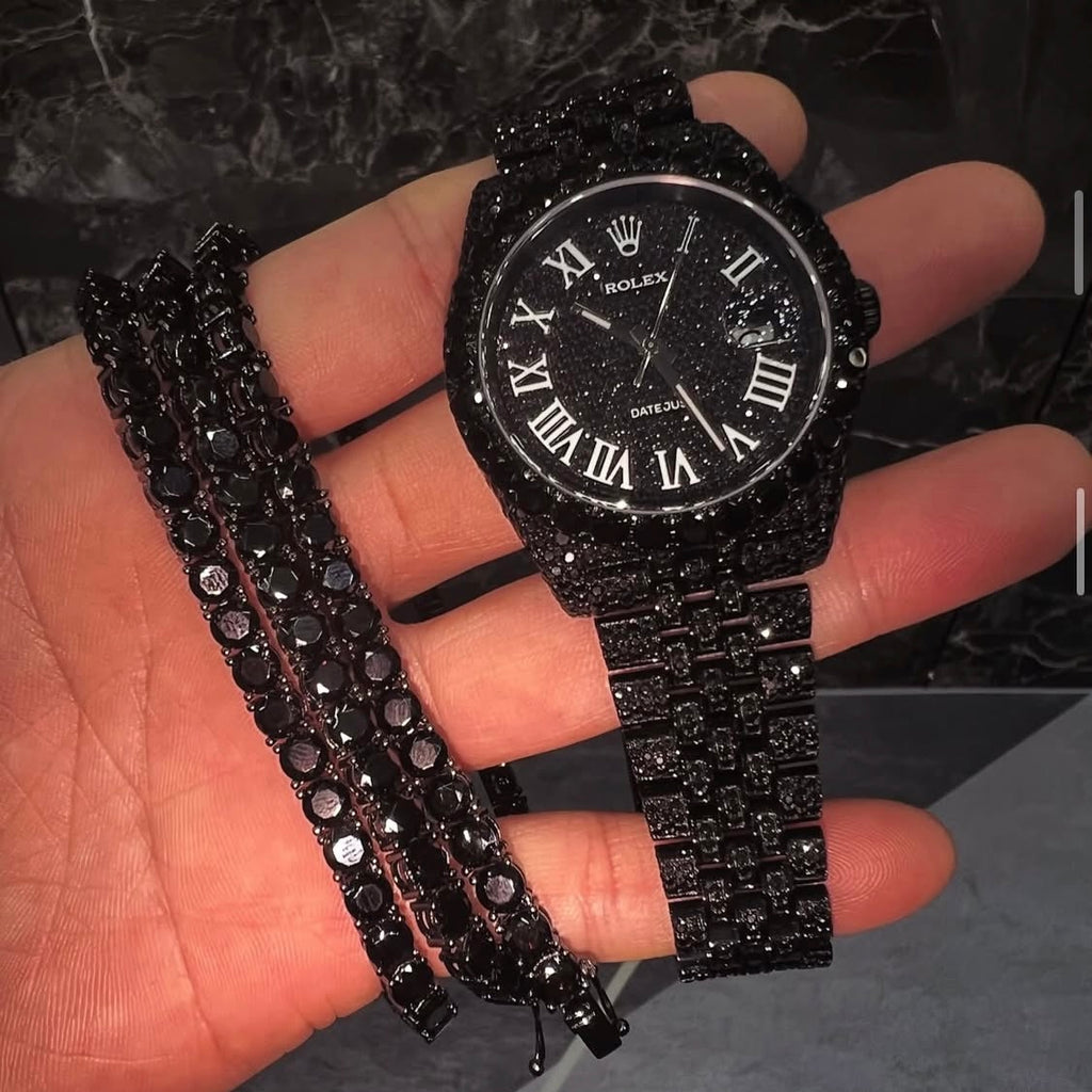 BUSSDOWN ROLEX DATEJUST BLACK PVD COATED BLACK DIAMOND JUBILEE STYLE+ MATCHING TENNIS BRACELET