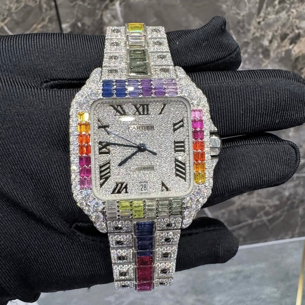 BUSSDOWN CARTIER SANTOS W/RAINBOW GEM BEZEL
