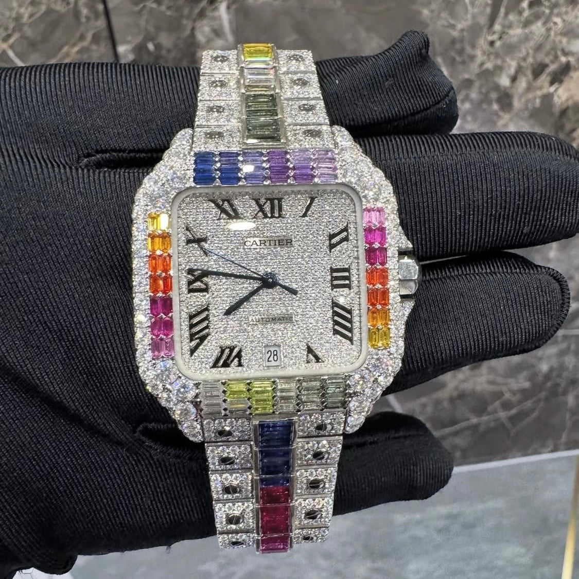 BUSSDOWN CARTIER SANTOS W/RAINBOW GEM BEZEL
