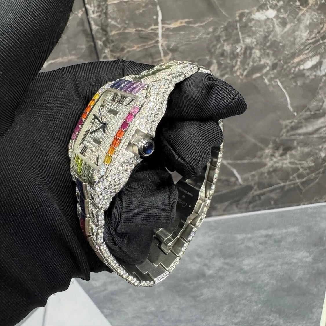 BUSSDOWN CARTIER SANTOS W/RAINBOW GEM BEZEL